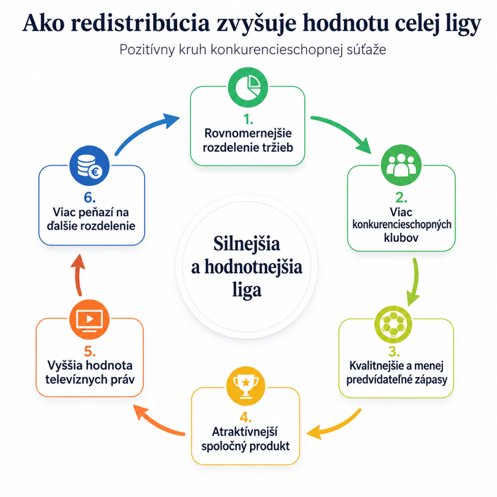 Kruhová schéma ukazujúca, ako rovnomernejšie rozdelenie tržieb vedie k väčšej konkurencieschopnosti klubov, atraktívnejšej lige a vyššej hodnote televíznych práv.